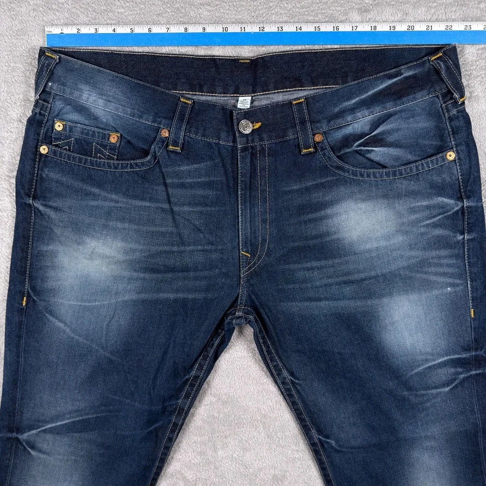 True Religion Jeans Mens 44x34 Straight Allover Earthworm Gold Cursed Blue Denim